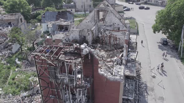 Aerial View of a Destroyed Building in the City of Makariv Ukraine