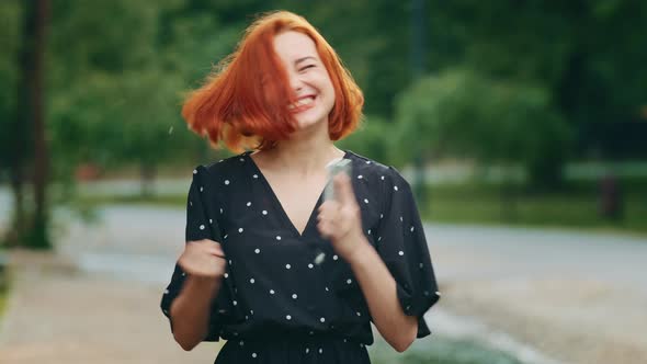 Portrait of Happy Redhead Young Woman Successful Girl Look at Mobile Phone Outdoors Surprised