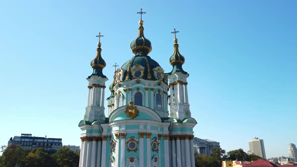 Aerial view of Andriivska Church and historical part of Kyiv - Podil