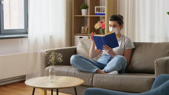 Sick Woman in Medical Mask Reading Book at Home