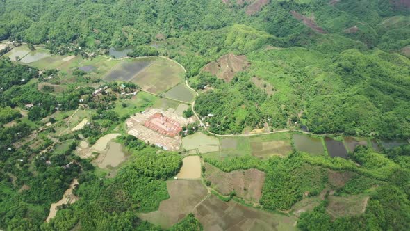 Aerial view of brick factories in Dhaka province, Bangladesh.