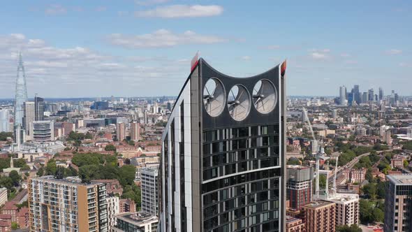 Fly Around Top of Modern Design Strata Skyscraper at Elephant and Castle