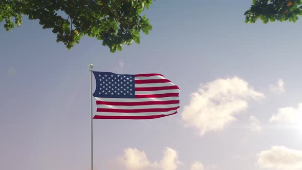 United States Flag With  Modern City 