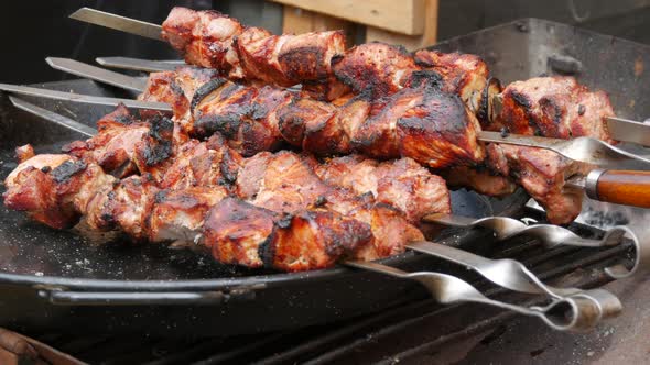 Huge Pieces on Skewers Fried Shish Kebab Grilled Meat Fatty Unhealthy Food for Meateaters