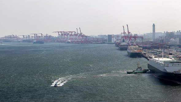 Timelapse Modern Tokyo Container Port with Moored Vessels