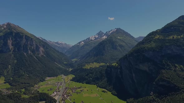 from air with drone sight on swiss mountains and valleys