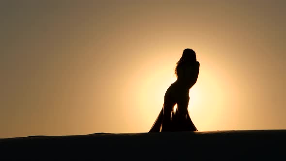 Girl Cute Performs Beautiful Belly Dance on Sunset Background. Silhouette