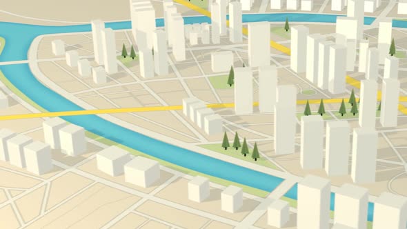 White, abstract gps city map with the 3d representation of skyscrapers and trees