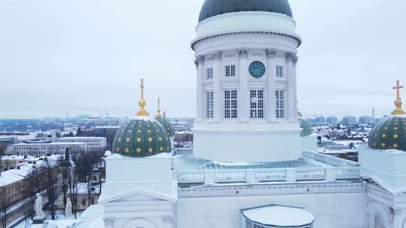 Flying Past Helsinki Cathedral and Cityscape in the Winter