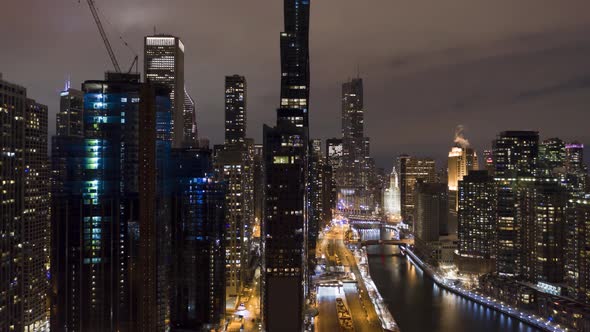 Urban Cityscape of Chicago and Chicago River at Night in Winter