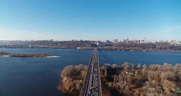 City Traffic on the Big Bridge at the Autumn Aerial View