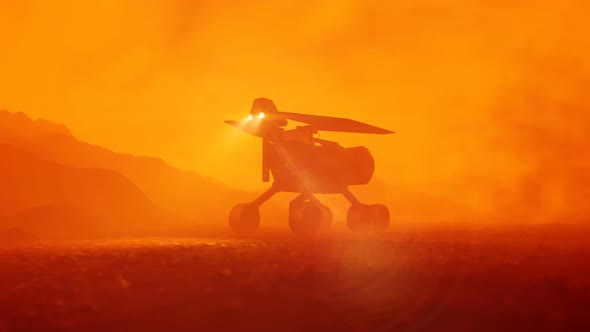 Planetary rover going through a desert on a Mars. Massive dust storm. Sandstorm.