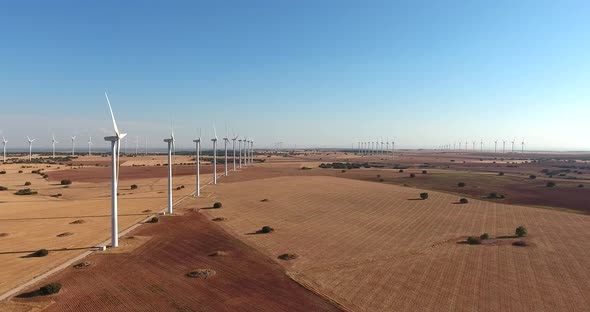 aerial view of a eolic wind mill park in countryside