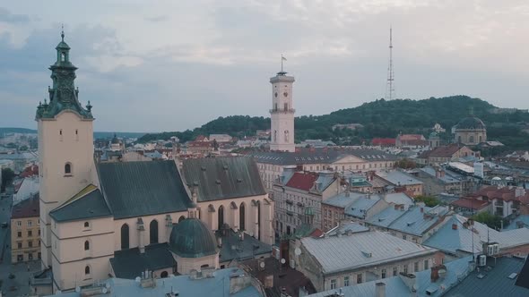 Aerial City Lviv, Ukraine. European City. Popular Areas of the City. Town Hall