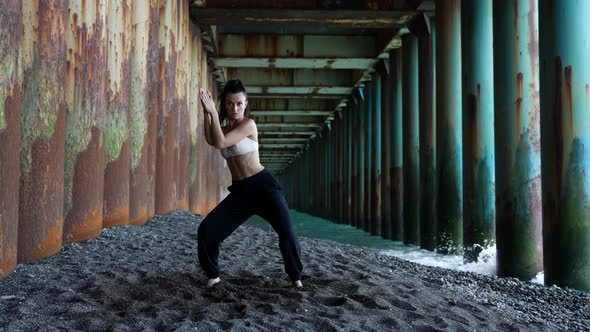 Modern Hip Hop Dancer Lady is Dancing Alone on Sea Coast Under Pier Sexy Female Body