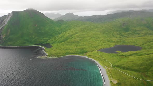 Aerial view of Mukushin Bay, Unalaska island, Alaska, United States..