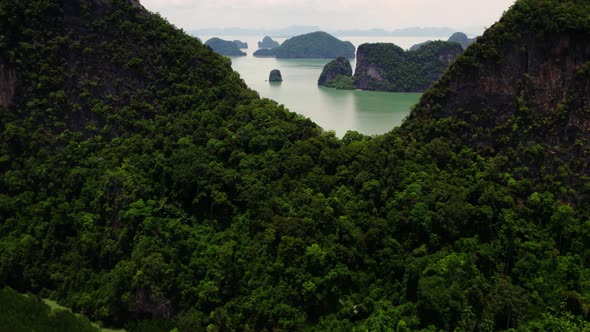 Fly through v shaped mountain, Phang Nga bay revealed. Thailand