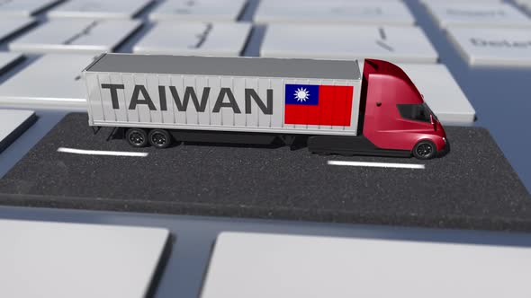 Flag of Taiwan on Moving Truck and Computer Keyboard