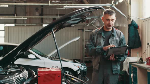 Smiling Competent Middle Age Man Making Car Diagnostics with Laptop in a