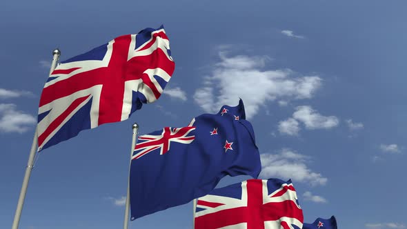 Many Flags of New Zealand and the United Kingdom