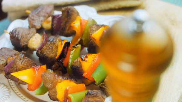 Marinated Beef Kebabs with Vegetables Prepared on the Grill