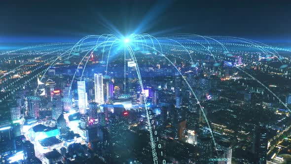 smart Connected city skyline. Futuristic network concept, city Technology.