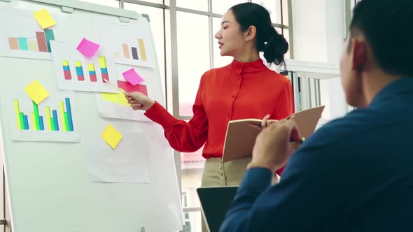 Young Woman Explains Business Data on White Board