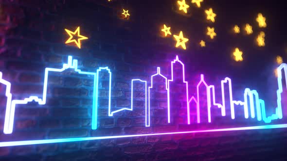 Shimmering Neon Night City Against a Brick Wall with Stars and the Moon. Night City Concept