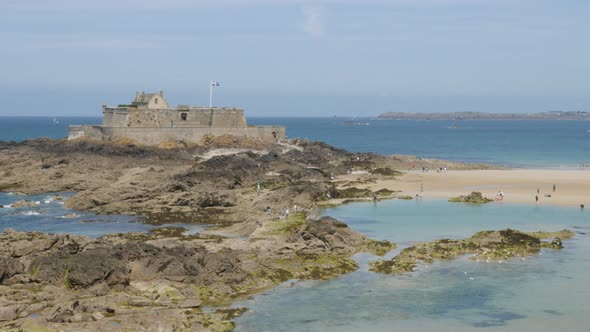 Fortified island of Saint-Malo  beach in the northern France ocean bay 4K 2160p 30fp UHD footage -  