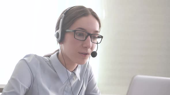 Closeup Girl Call Center Operator Sells Services