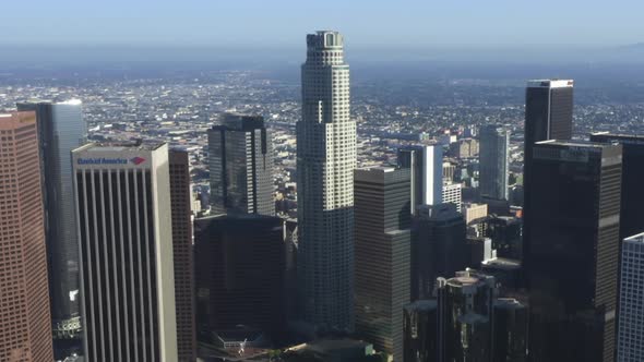 AERIAL: Wide View of Downtown Los Angeles, California Skyline at Beautiful Blue Sky and Sunny Day 