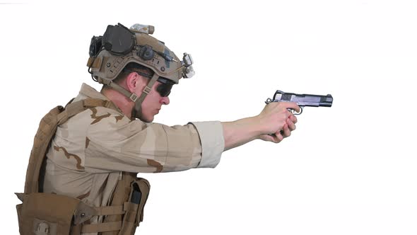 Soldier Aiming and Shooting with a Pistol on White Background