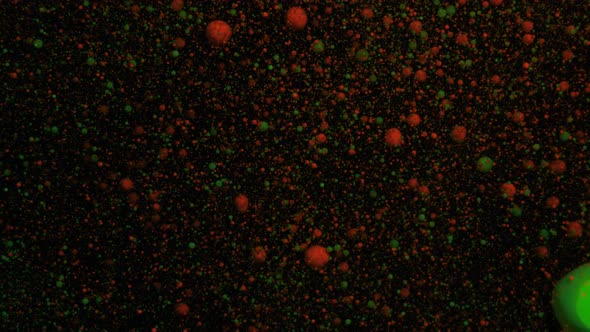 Orange and Green Volumetric Fluorescent Particles Move and Change on a Black Moving Background