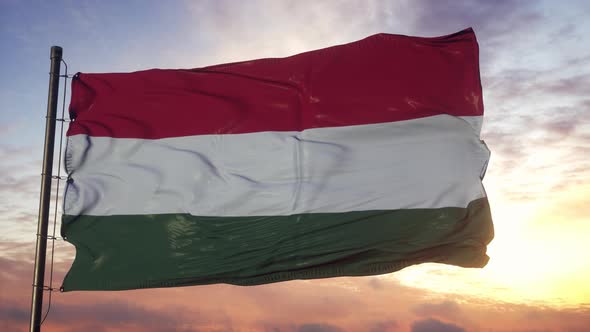 Flag of Hungary Waving in the Wind Against Deep Beautiful Sky at Sunset