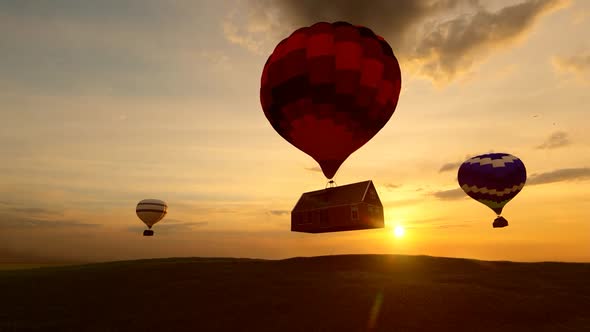 Hot Air Balloon Flying House at Sunset View