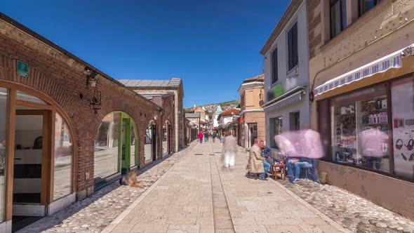 Walk on street in Bascarsija, an oriental bazaar and an old Ottoman historic center of Sarajevo