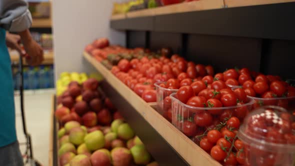 Shelf with Fresh Glossy Tomatoes in Farm Store