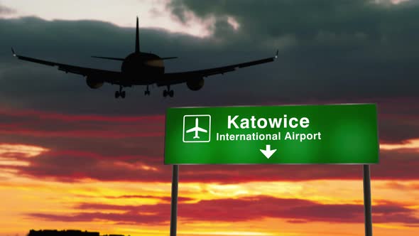 Plane landing in Katowice Poland airport