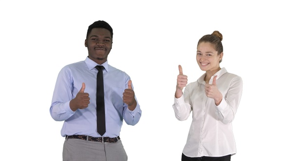 International happy smiling man and woman showing thumbs