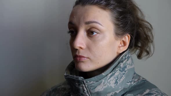 Indoor Portrait of Young Girl Wearing Military Uniform Mandatory Conscription in Ukraine Russian