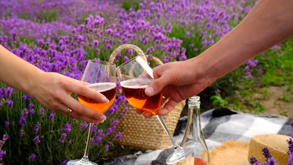 A Woman and a Man Drink Wine in a Lavender Field