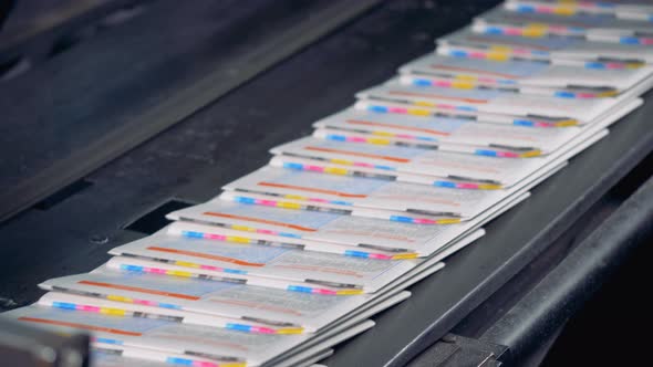 Many Newspaper Sheets on a Conveyor, Close Up. Printing House Equipment.