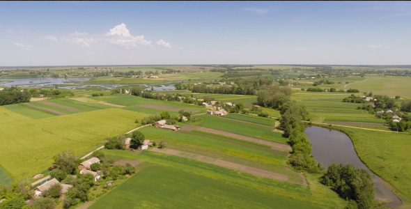 Flying Over River And Fields  