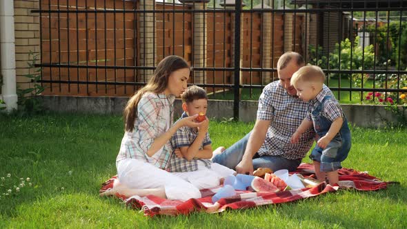 Happy Little Boys Enjoy Picnic with Mother Father Laughing