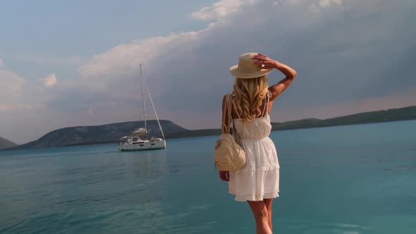 Beautiful Girl Tourist Walking in the Ermioni Greece