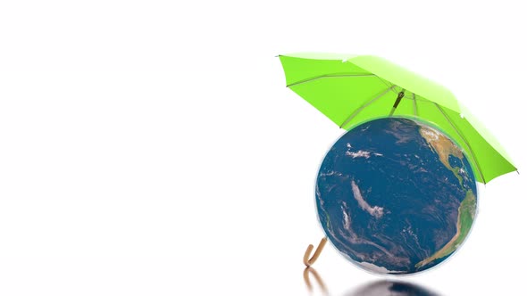 Planet Care Concept Rotating Earth Globe Under Protection of the Green Umbrella alt