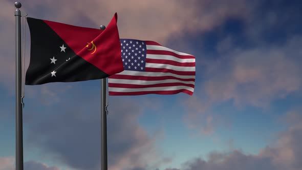 Papua New Guinea Flag Waving Along With The National Flag Of The USA - 4K