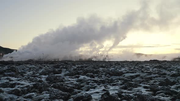 Iceland, Aerial footage of steamy clouds running up to the skies