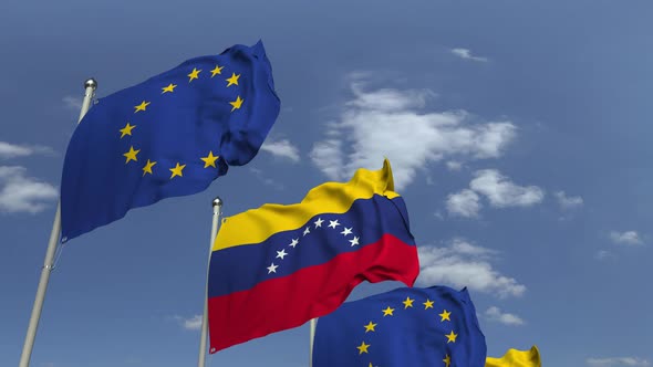 Waving Flags of Venezuela and the EU