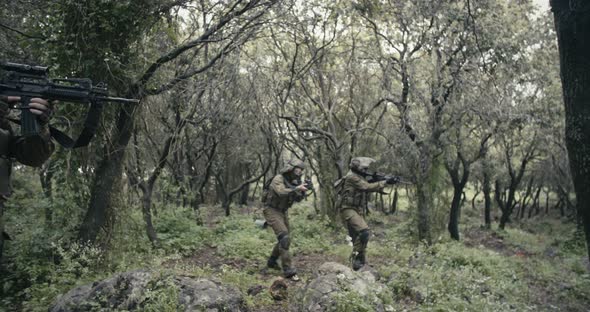 Squad of fully armed commando soldiers during combat in a forest scenery alt
